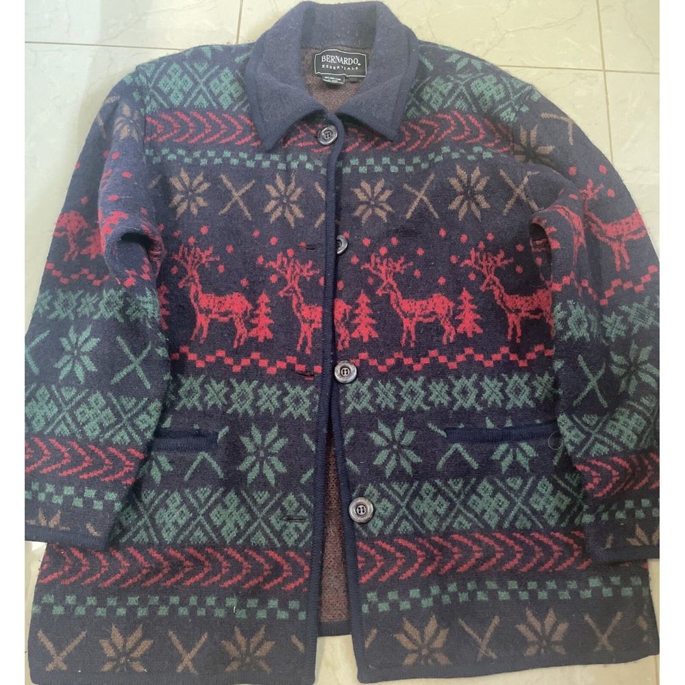 Bernardo Essentials Women's Sweater Jacket Reindeer Wool Size Large Winter